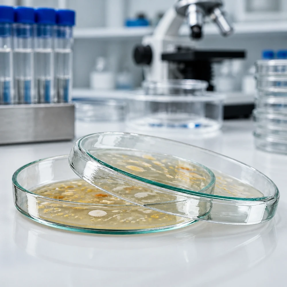 Boîte de Pétri en verre de 90 x 15 mm contenant des cultures bactériennes dans un laboratoire de microbiologie