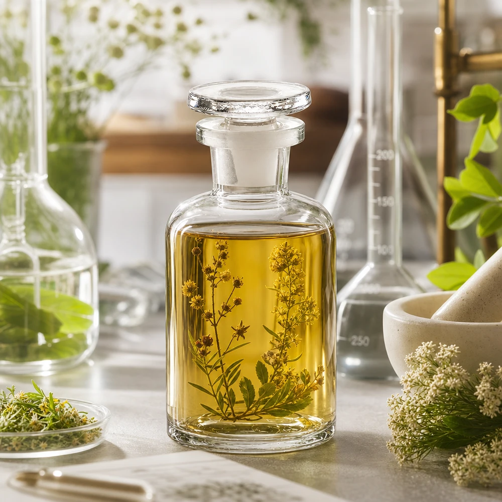 Bouteille en verre remplie d'huile aux herbes, à épaulement arrondi et col étroit, 50 ml, avec bouchon, posée sur une paillasse de laboratoire