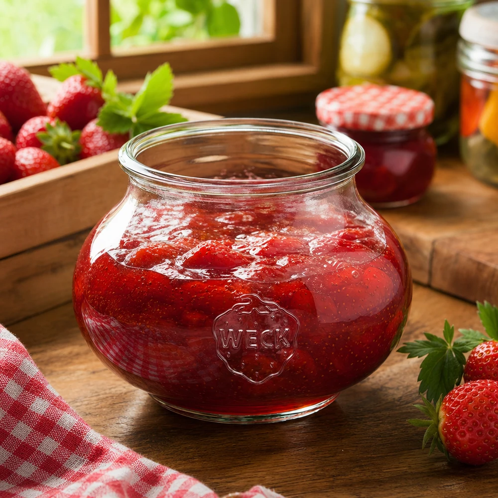 WECK Pot à bijoux 560ml RR80 rempli de confiture de fraises dans une cuisine rustique avec des fraises fraîches et des bocaux de conservation