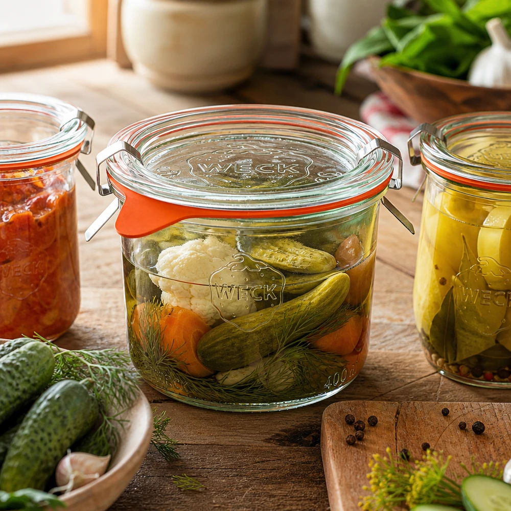 WECK Pot de conserve 200ml RR80 lors de la mise en conserve de légumes et de concombres dans une cuisine rustique avec de l'aneth et des épices