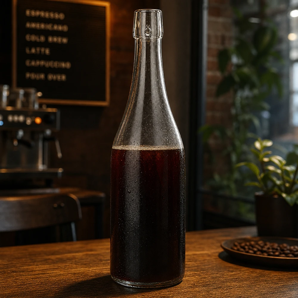 750ml UNiTWIST Glasflasche mit Cold Brew Kaffee befüllt auf Holztisch in stylischer Café Atmosphäre Anwendung