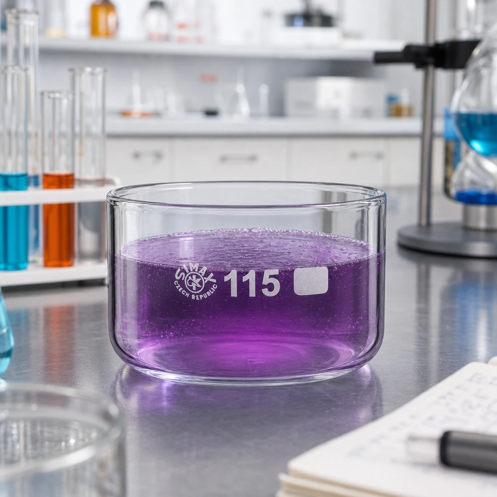 Cuve de cristallisation SIMAX de 500 ml contenant une solution violette de permanganate de potassium, dans un laboratoire, posée sur une table en acier inoxydable