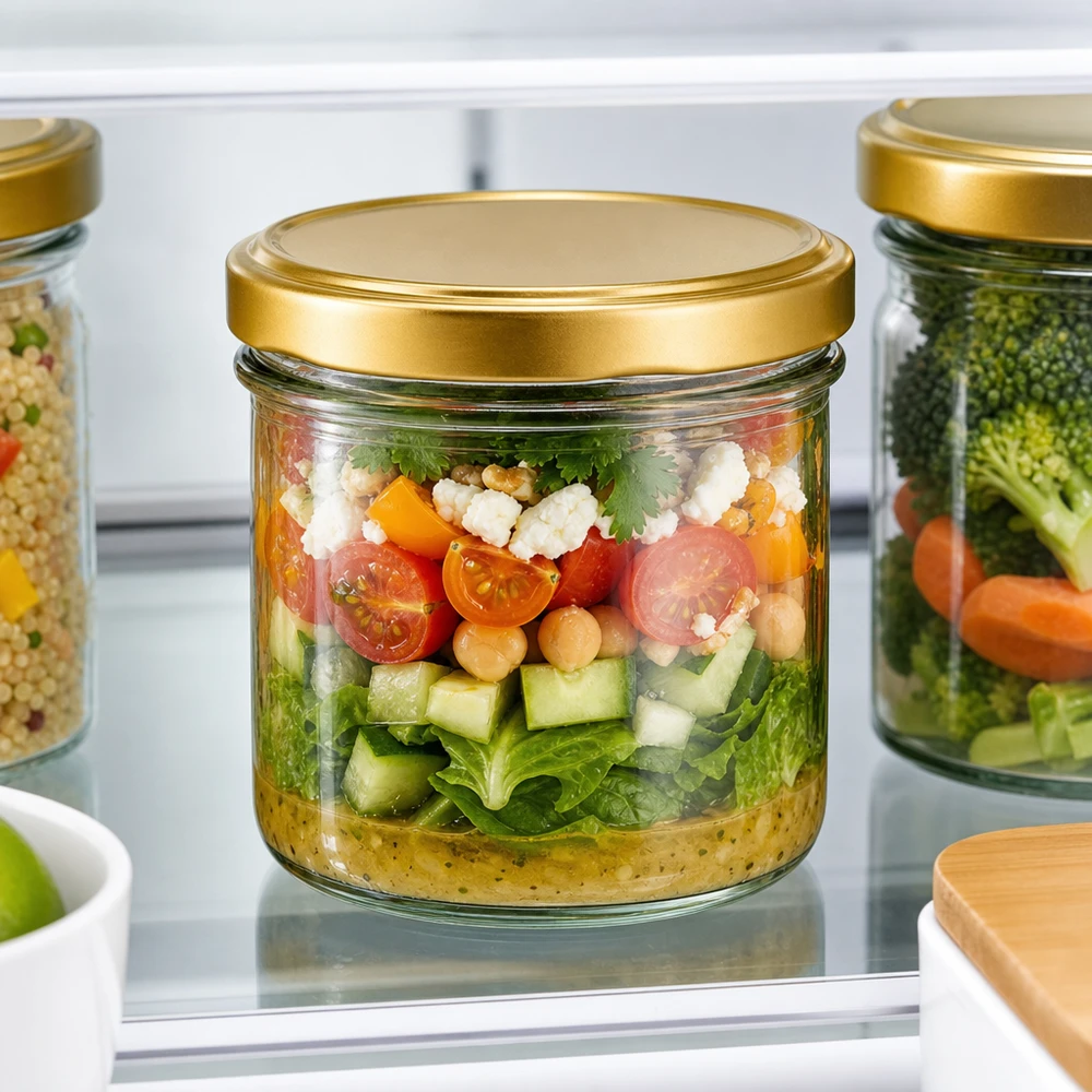 225ml Verre conique avec couvercle BasicSeal or UNiTWIST 225ml Sturzglas UNiTWIST BasicSeal gold mit Schichtsalat im Kühlschrank - praktisches Meal Prep Glas für Vorrat