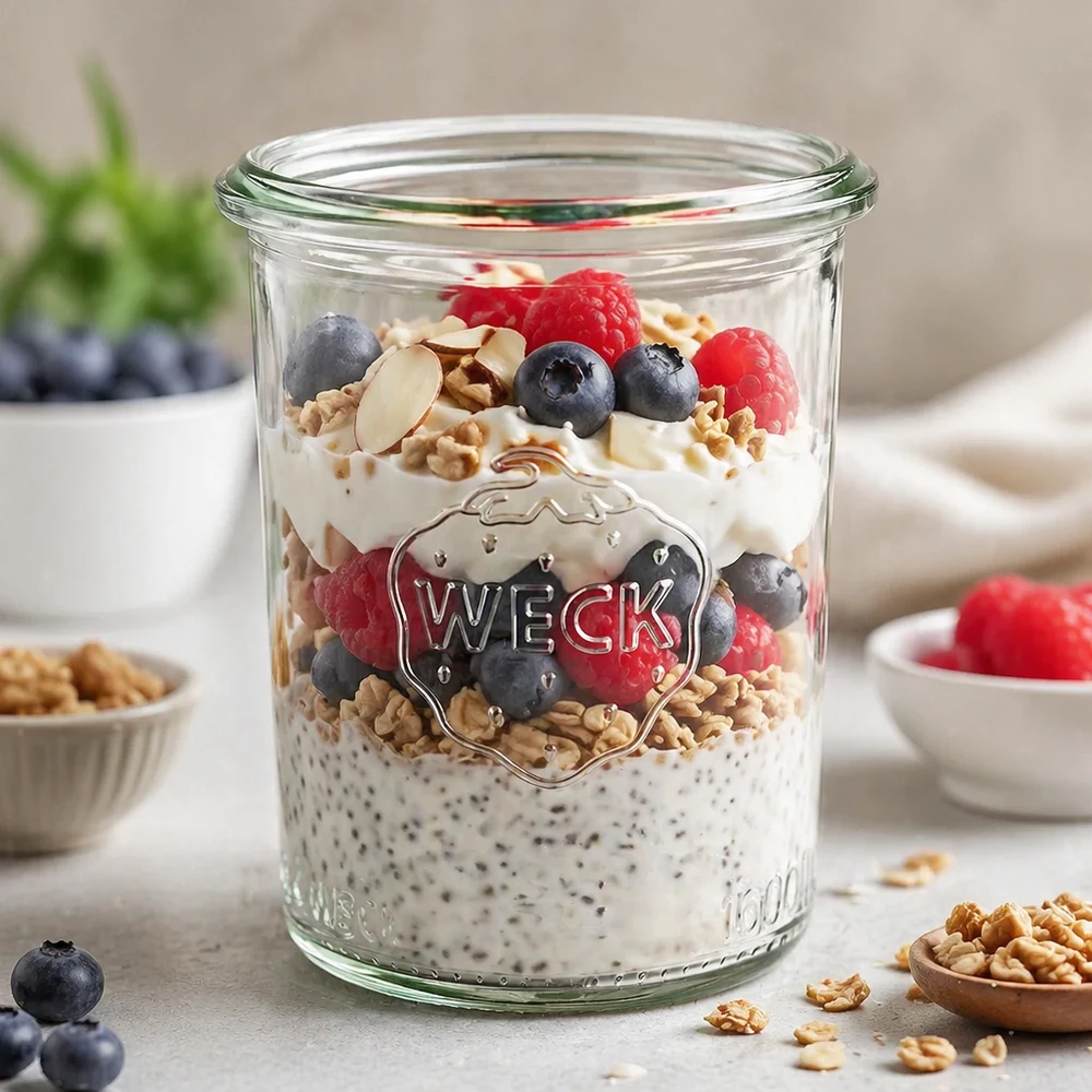 160ml bocal conique WECK RR60 WECK Pot renversé 160ml RR60 rempli de baies et de noix pour un petit-déjeuner sain
