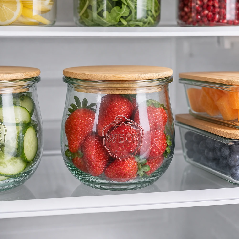 370ml bocal tulipe WECK RR80 avec couvercle en bois WECK Pot tulipe 370ml RR80 avec couvercle en bois pour la conservation des fraises et des concombres au réfrigérateur organisé