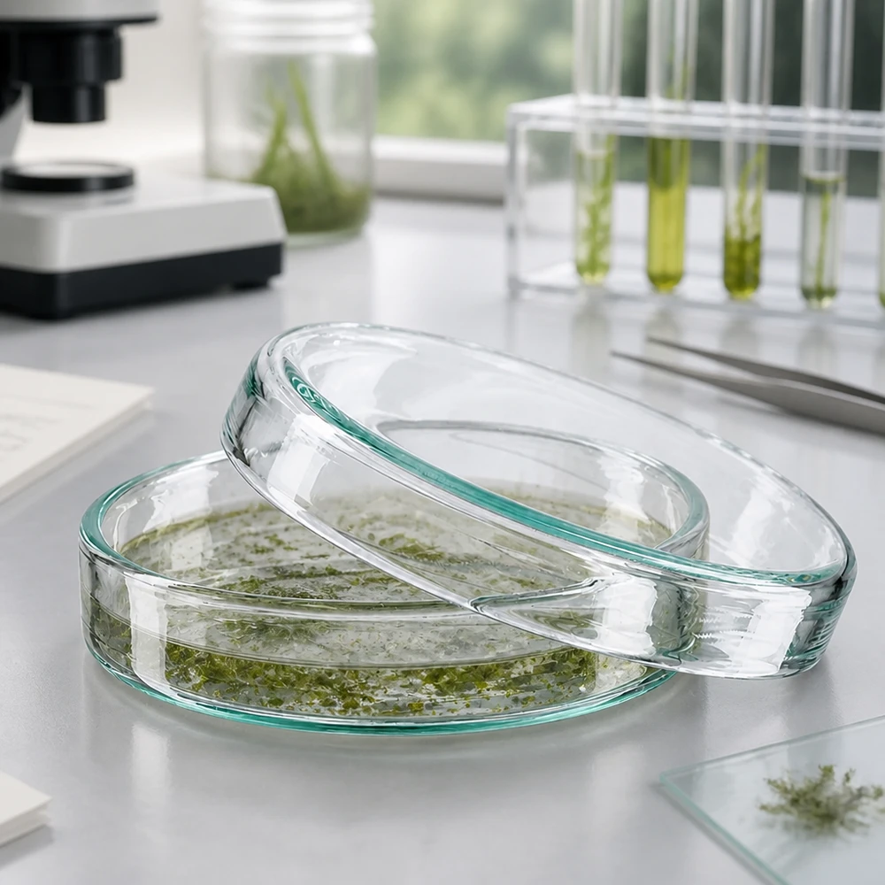 Boîte de Pétri en verre borosilicaté de 60 x 15 mm, ouverte, contenant une culture d'algues vertes, posée sur une paillasse de laboratoire