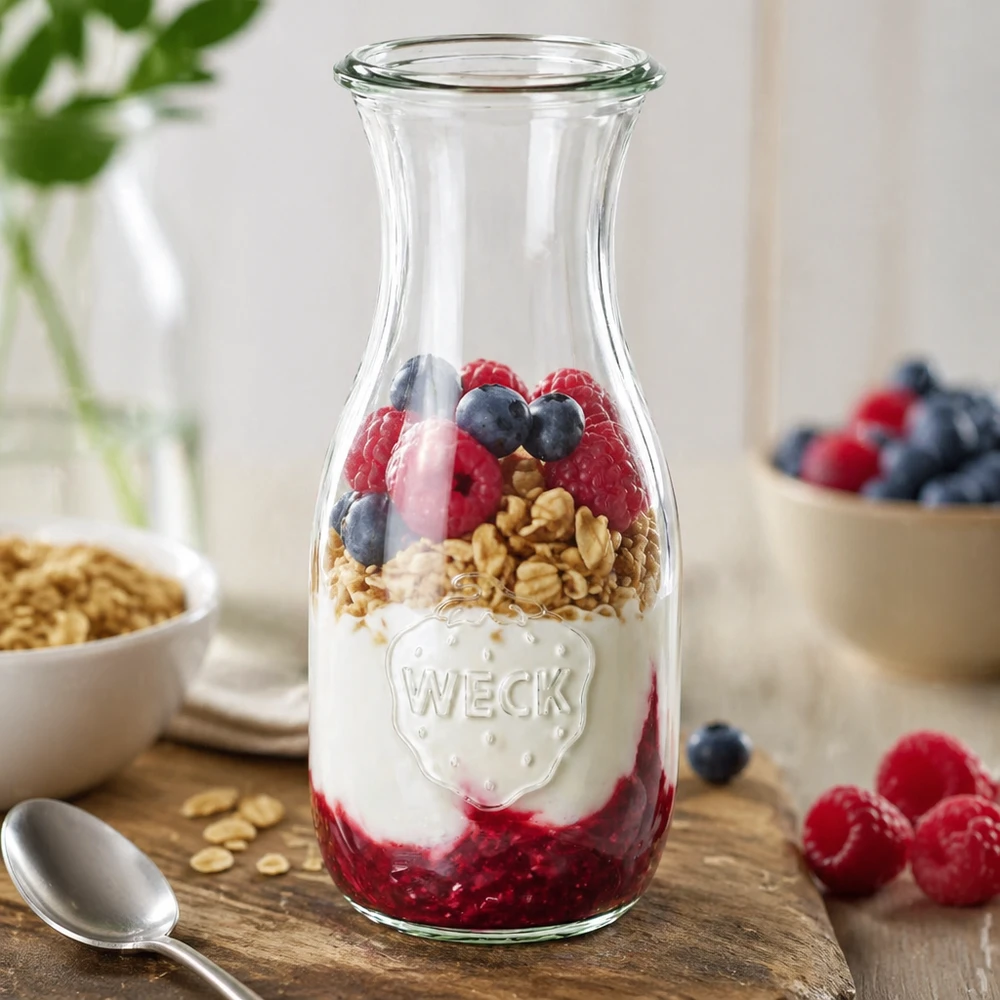Bouteille à jus WECK RR60 de 530 ml WECK Bouteille de jus 530ml RR60 comme bol à céréales rempli de baies de yaourt et de granola à côté de fruits frais