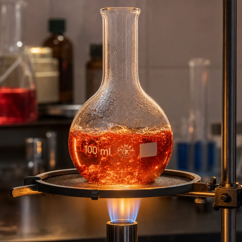 Ballon à col étroit 100ml en verre transparent avec solution réactionnelle bouillonnante sur plaque chauffante