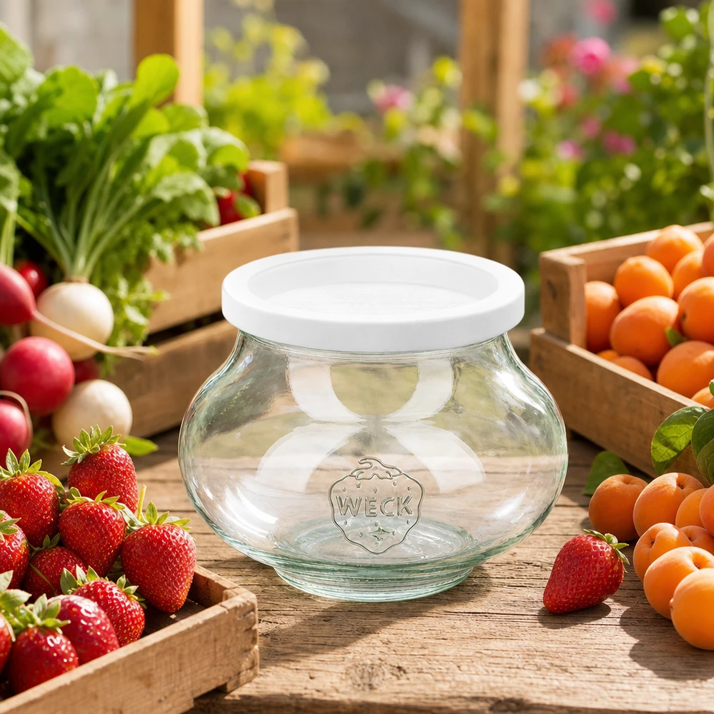 Bocal décoratif de 560 ml avec couvercle hermétique WECK RR80 WECK Bocal à provisions 560ml RR80 vide entre des fruits et légumes frais sur une table en bois dans le jardin comme bocal de conservation
