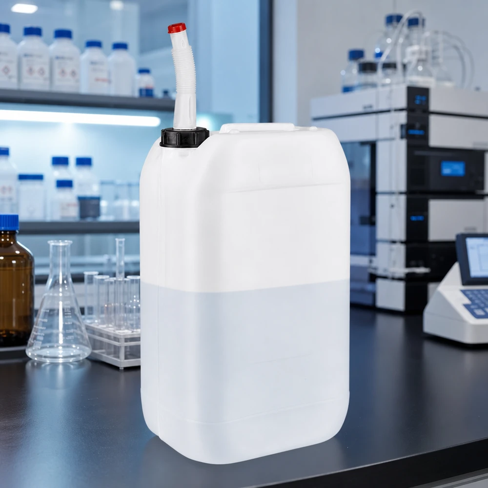 Bidon rectangulaire de 15 L avec bec verseur flexible posé sur une paillasse de laboratoire
