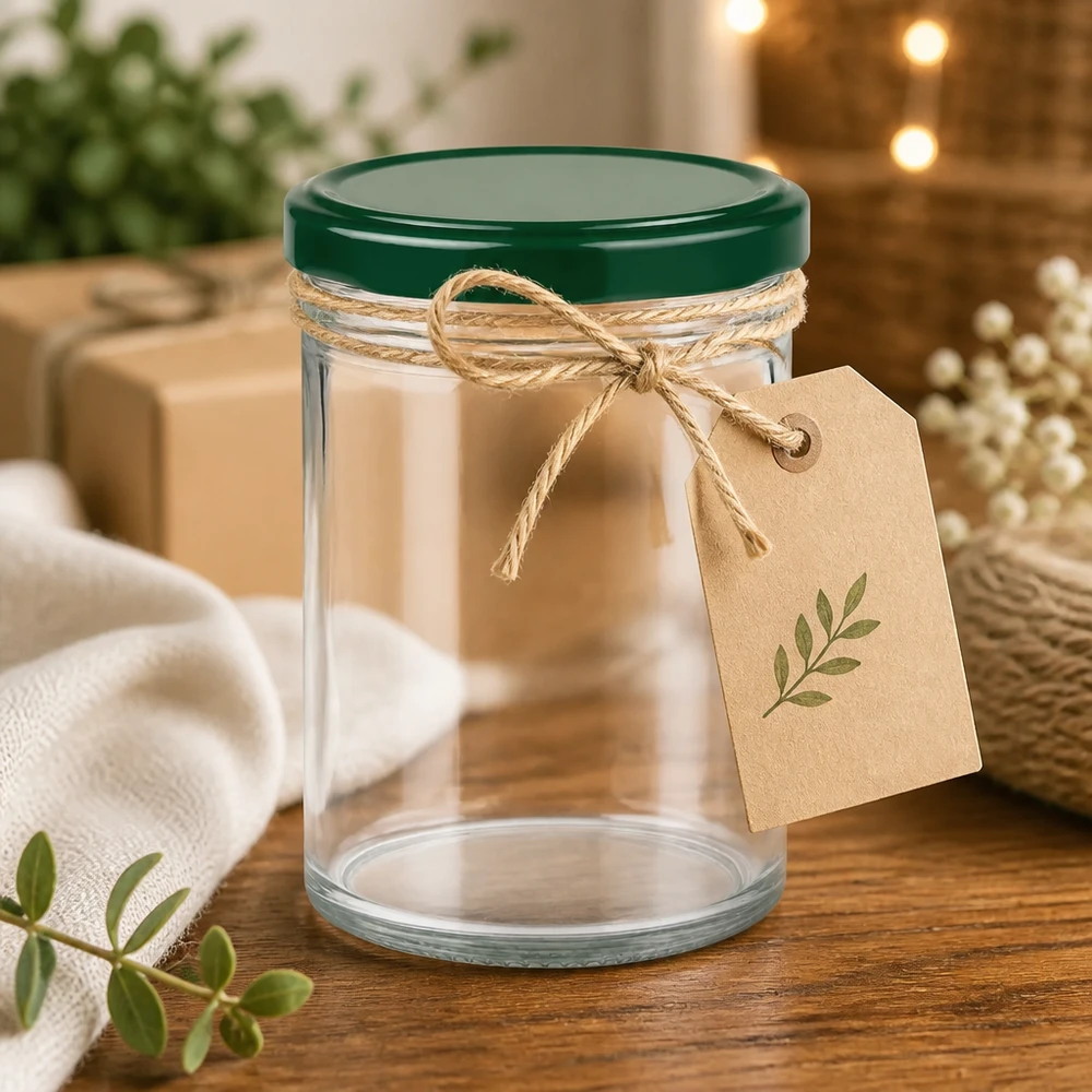 Verre plongeant UNiTWIST 350ml vide avec couvercle vert et étiquette cadeau comme idée d'emballage décorative