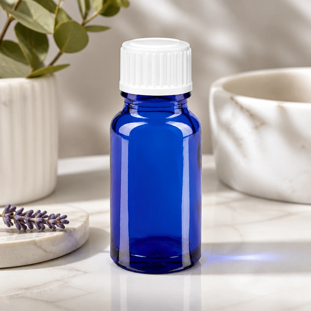 Flacon de pharmacie de 10 ml en verre bleu avec bouchon standard blanc de 11 mm pour applications de laboratoire