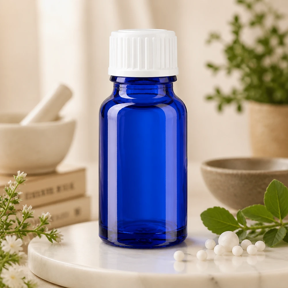 Flacon de pharmacie bleu 10ml bouchon vissable blanc standard Flacon de pharmacie bleu cobalt de 10 ml avec bouchon à vis blanc de 11 mm, à côté des granules homéopathiques et des plantes médicinales