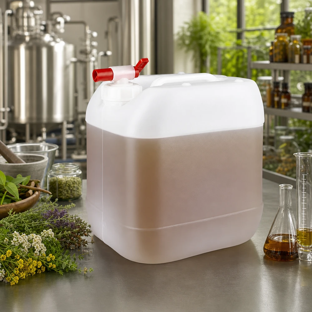 Bidon en plastique translucide de 15 litres muni d'un robinet de vidange rouge, à côté d'herbes fraîches et de fioles d'Erlenmeyer