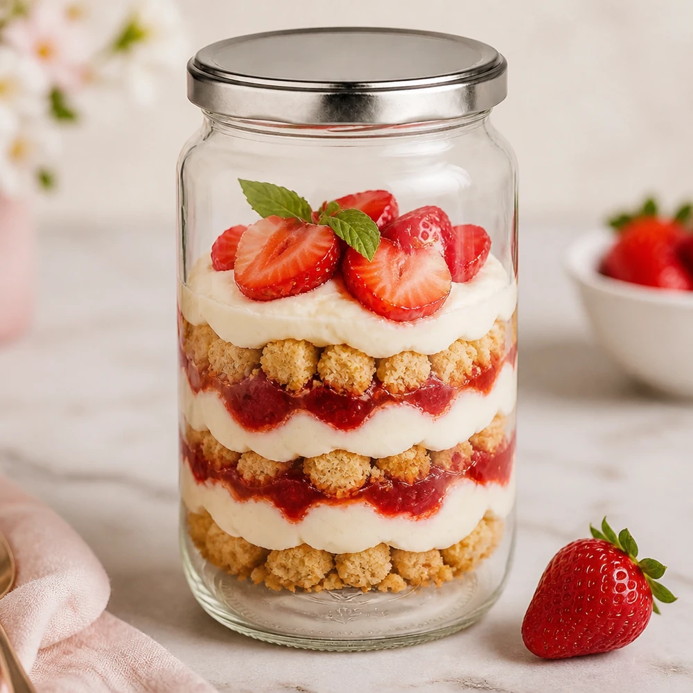 Verre rond de 795 ml avec couvercle BasicSeal comme verre à dessert pour trifle aux fraises avec crème et miettes de biscuits