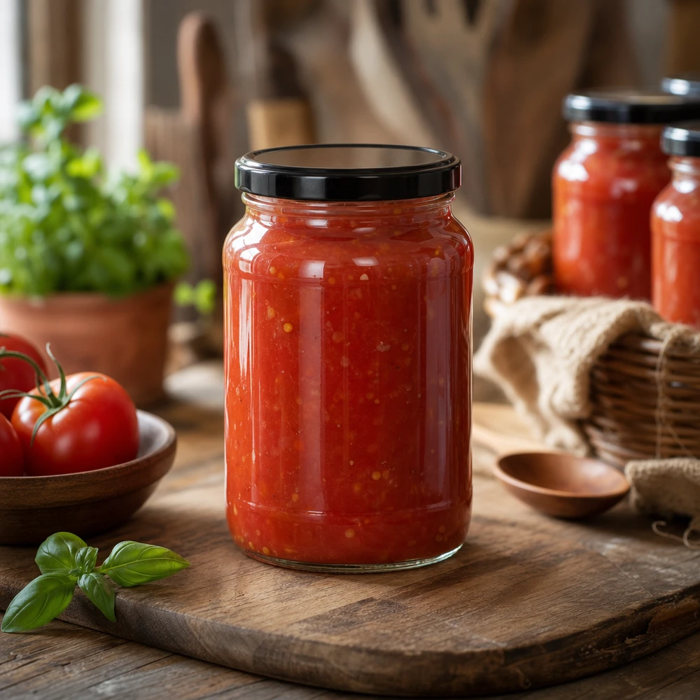 1700ml Verre rond avec couvercle BasicSeal noir UNiTWIST Sauce tomate en bocal rond de 1700ml couvercle noir BasicSeal planche en bois cuisine ambiance rustique bocal de conservation