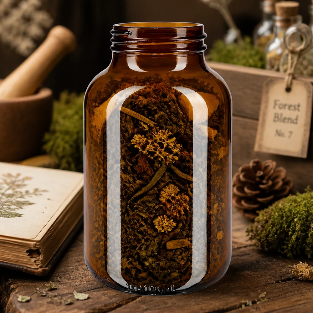 Grande bouteille en verre brun 1000ml avec col extra large idéale pour les herbes et les plantes séchées
