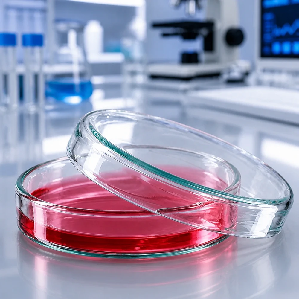 Boîte de Pétri en verre 60x15 mm Boîtes de Pétri en verre de 60 x 15 mm contenant un milieu de culture cellulaire rouge dans un laboratoire de recherche moderne