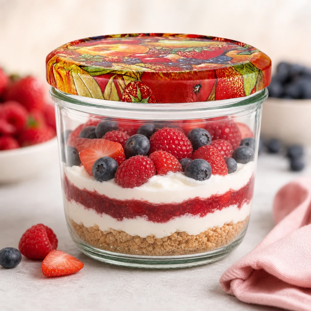 Verre renversé de 230 ml avec couvercle BasicSeal à décor de fruits rempli d'un dessert stratifié à base de baies, de crème et de fond de biscuit