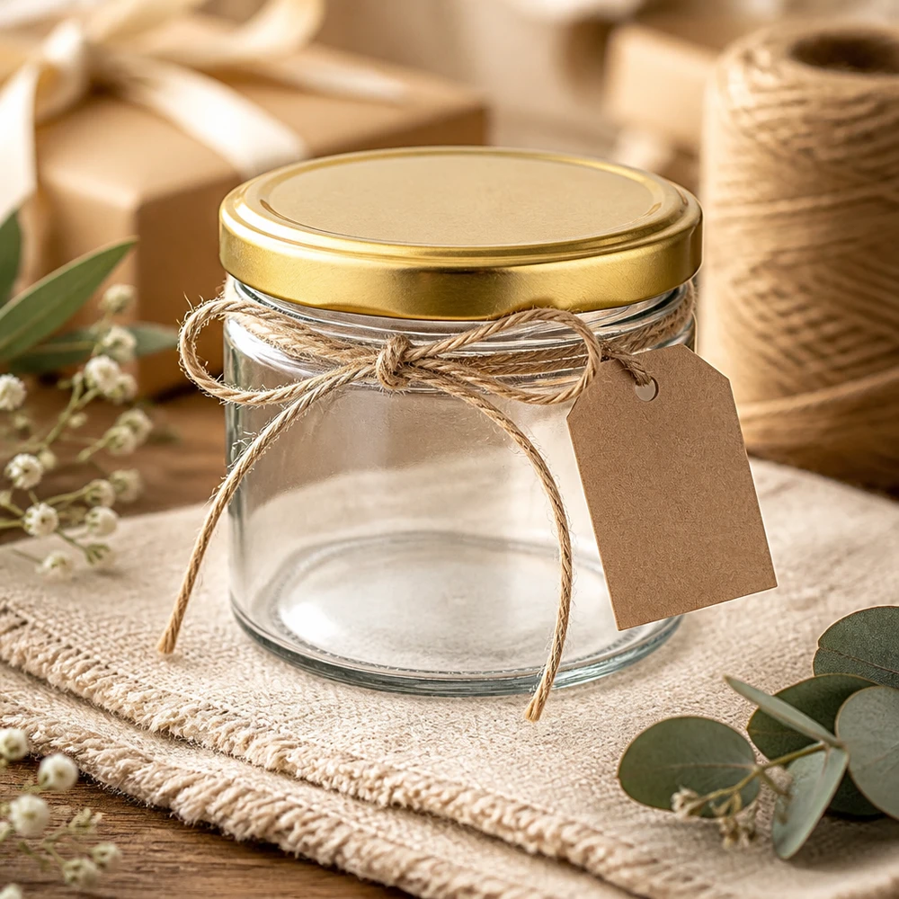 540ml Verre rond avec couvercle BasicSeal or UNiTWIST 540ml verre rond avec BasicSeal couvercle doré vide décoré avec boucle en jute étiquette cadeau ambiance rustique