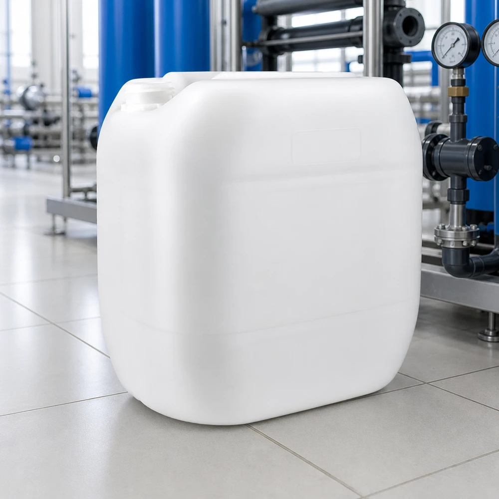 Bidon empilable de 30 litres sans bouchon, en plastique blanc adapté au contact alimentaire