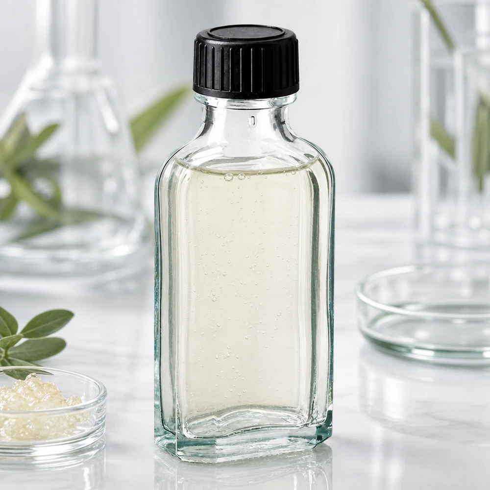 Petit flacon de pharmacie de 50 ml en verre transparent, muni d'un bouchon à vis noir et d'un joint d'étanchéité