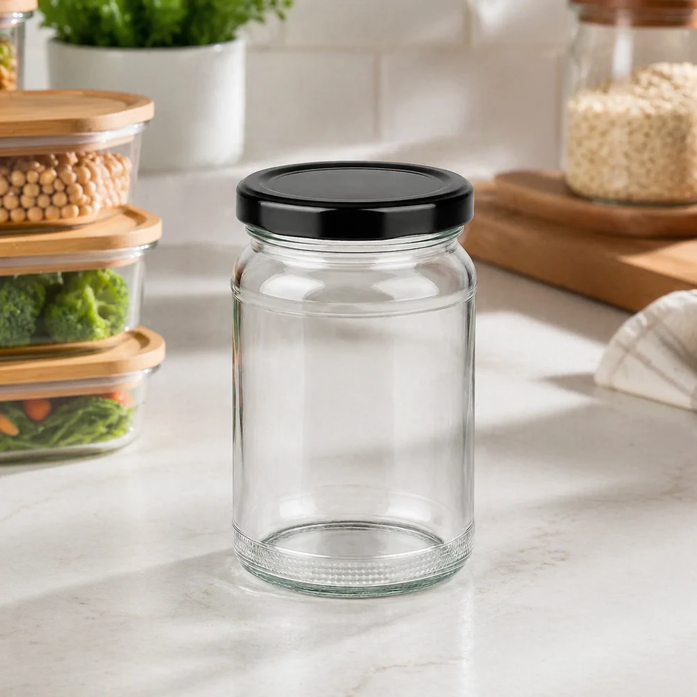 Verre rond 110ml UNiTWIST dans une cuisine moderne sur un plan de travail avec des boîtes à provisions en arrière-plan