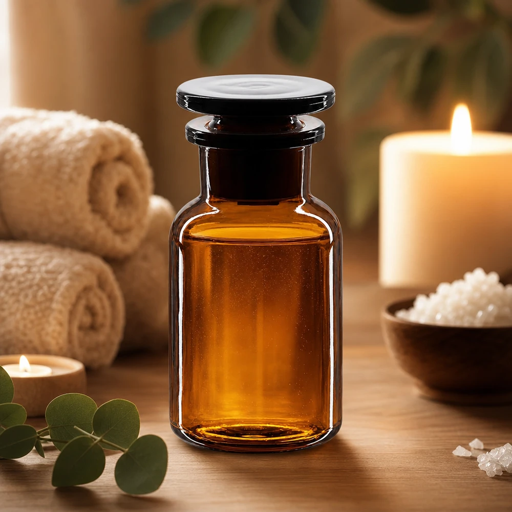 Flacon pharmaceutique 100 ml col large + bouchon verre ambré Flacon de conservation pour l'aromathérapie, 100 ml, en verre ambré à col large, avec bouchon en verre, pour huiles essentielles