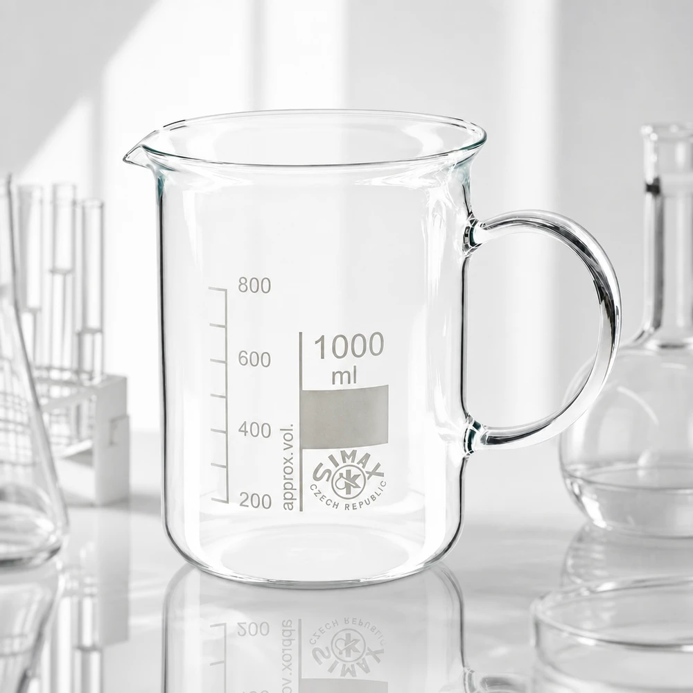 Bécher vide de 1 000 ml avec anse et bec verseur, sur fond blanc