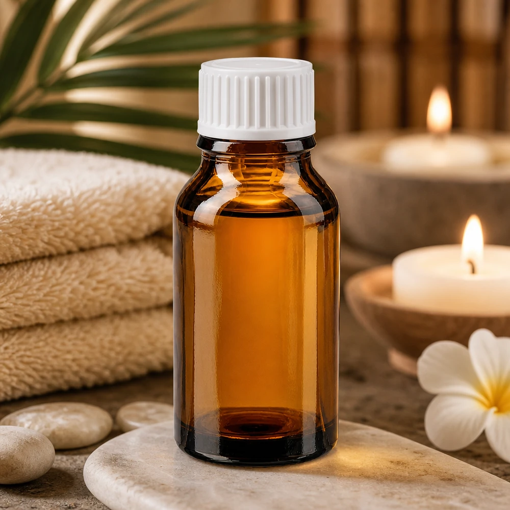 Flacon en verre brun 15ml avec bouchon à vis blanc St Flacon de pharmacie couleur ambre de 15 ml avec bouchon à vis blanc, dans une ambiance spa avec des bougies