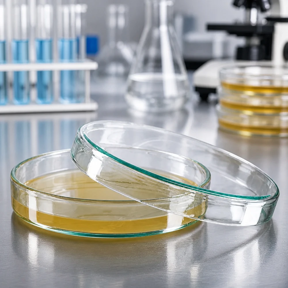 Boîte de Petri en verre sans compartiments, 100x20mm Boîte de Pétri en verre de 100 x 20 mm contenant un milieu de culture à base d'agar jaune, posée sur une paillasse de laboratoire en acier inoxydable