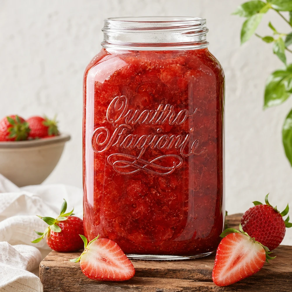 3800ml Verre rond "Quattro Stagioni" QS110mm Quattro Stagioni Pot ménager 3800ml rempli de confiture de fraises rouges, entouré de fraises fraîches sur planche en bois