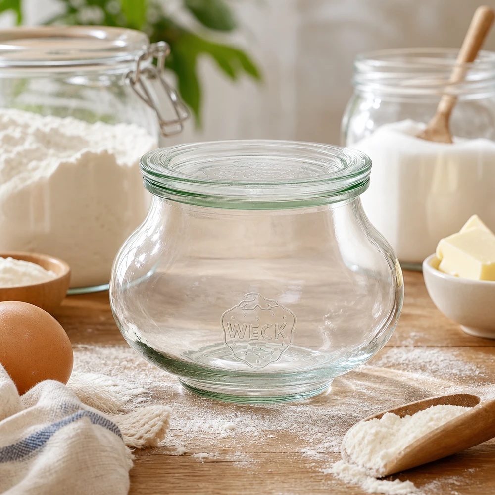 WECK Pot à bijoux 560ml RR80 vide dans la boulangerie entre la farine les œufs et les ingrédients de cuisson pour la conservation des ingrédients