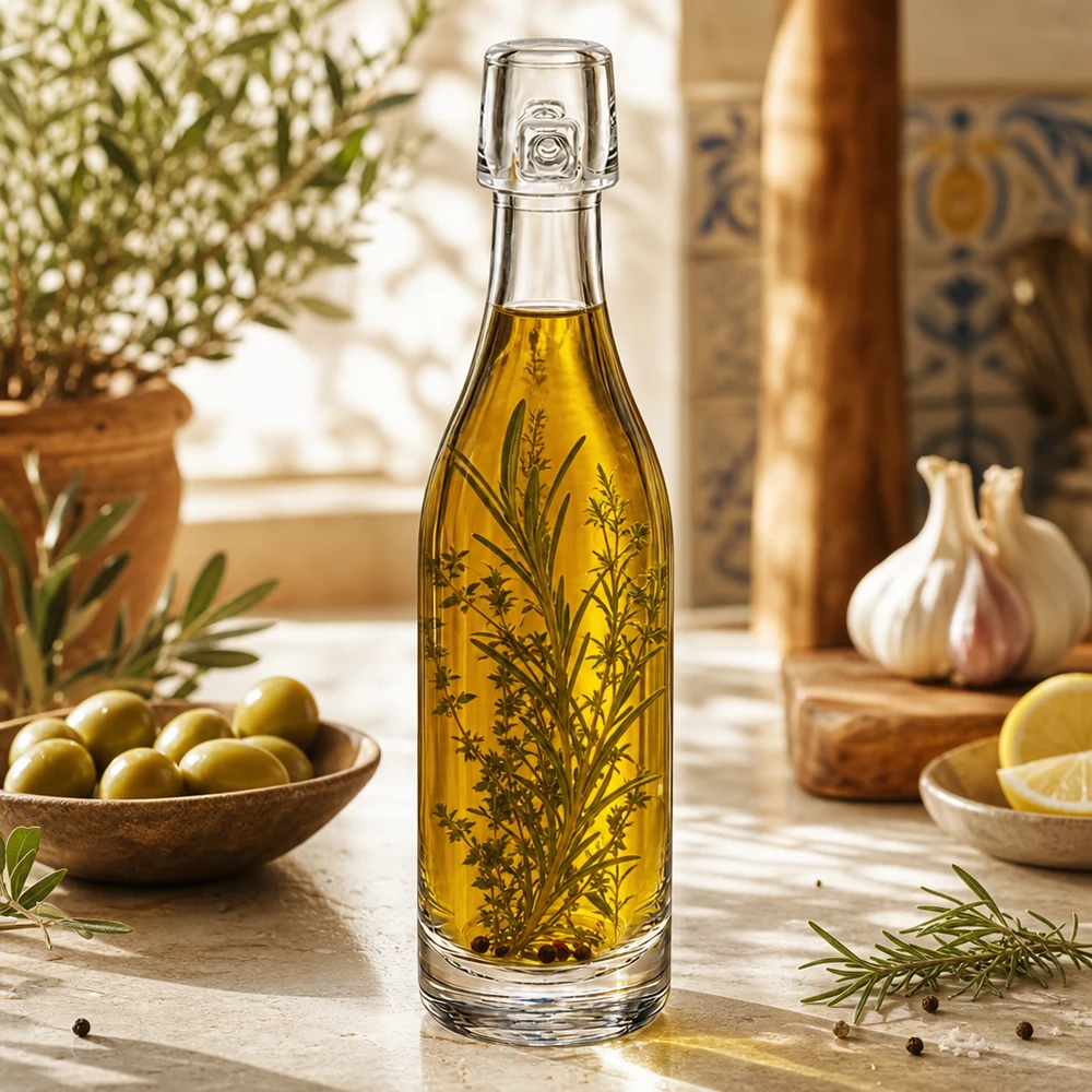 Bouteille en verre de 50 ml UNiTWIST remplie d'huile d'olive et d'herbes aromatiques cuisine méditerranéenne olives ail romarin décoration