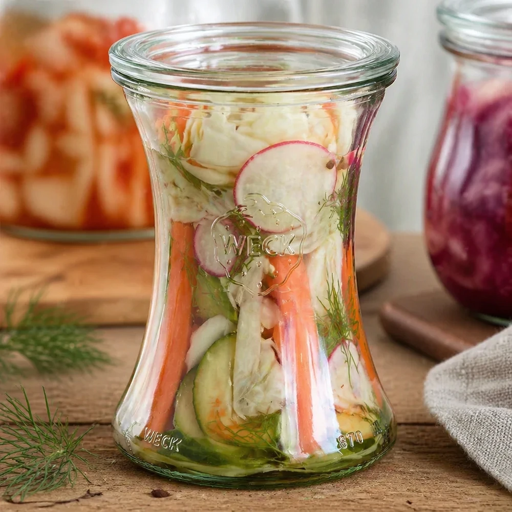 WECK Pot d'épicerie fine 370ml RR80 rempli de légumes marinés et d'aneth montre une utilisation polyvalente pour la mise en conserve