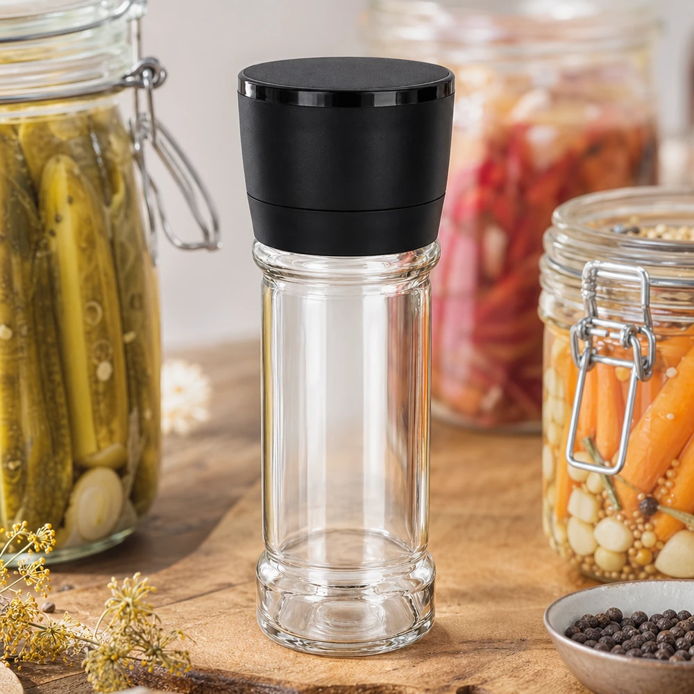 Pot à épices vide de 100 ml avec moulin noir Vario, devant des légumes marinés dans des bocaux