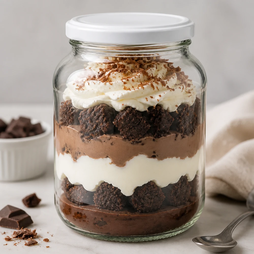 370ml Verre ovale avec couvercle BasicSeal blanc UNiTWIST Verre ovale de 370 ml UNiTWIST avec couvercle blanc BasicSeal rempli de dessert au chocolat Tiramisu parfait pour une portion