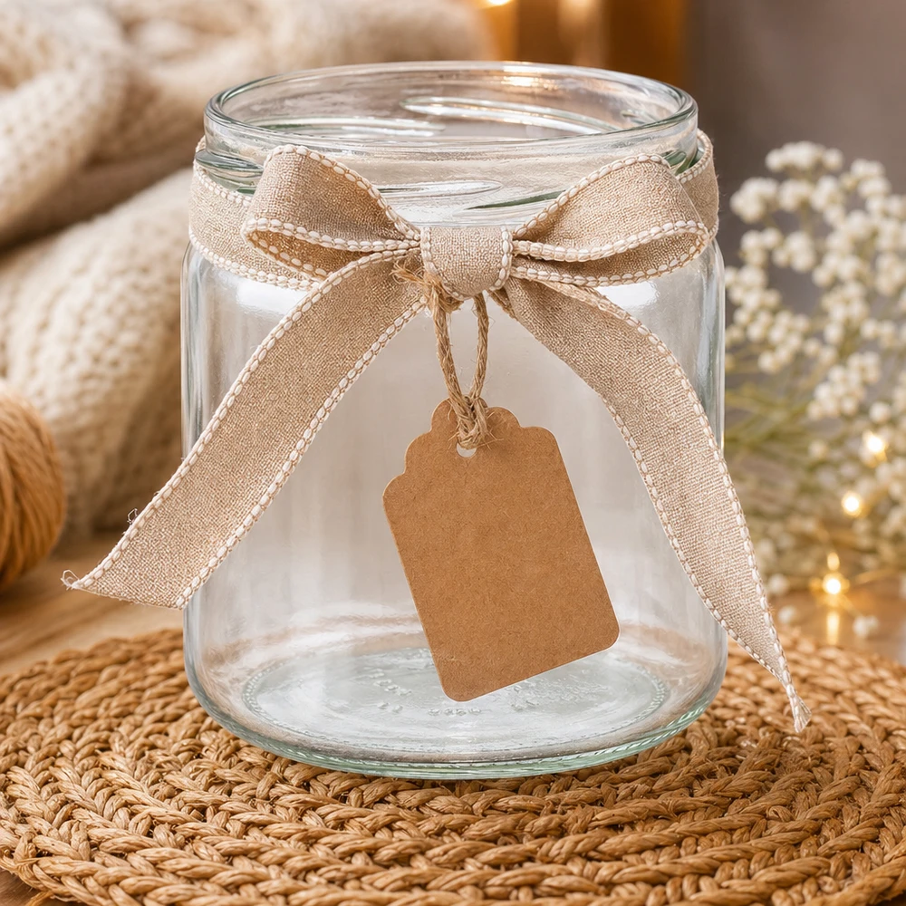 UNiTWIST Runda408 Verre rond 408ml TO82 décoratif avec ruban et pendentif comme emballage cadeau sur natte tressée