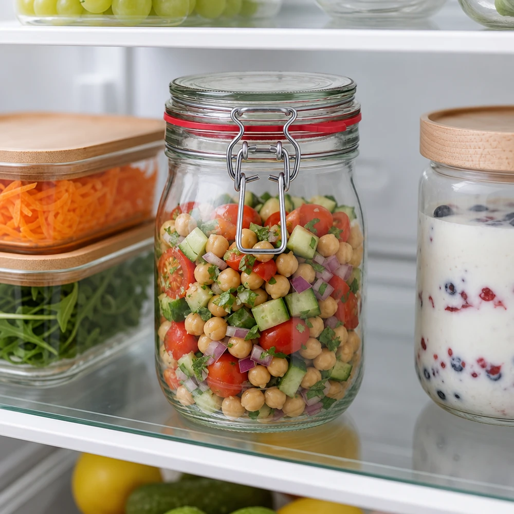 Boîte de conservation en verre 1140ml avec fermeture à étrier pour salades et meal prep au réfrigérateur