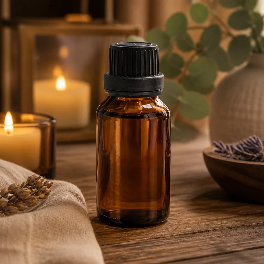 Flacon en verre brun de 15 ml muni d'un bouchon de sécurité noir pour enfants, à côté de bougies et de lavande