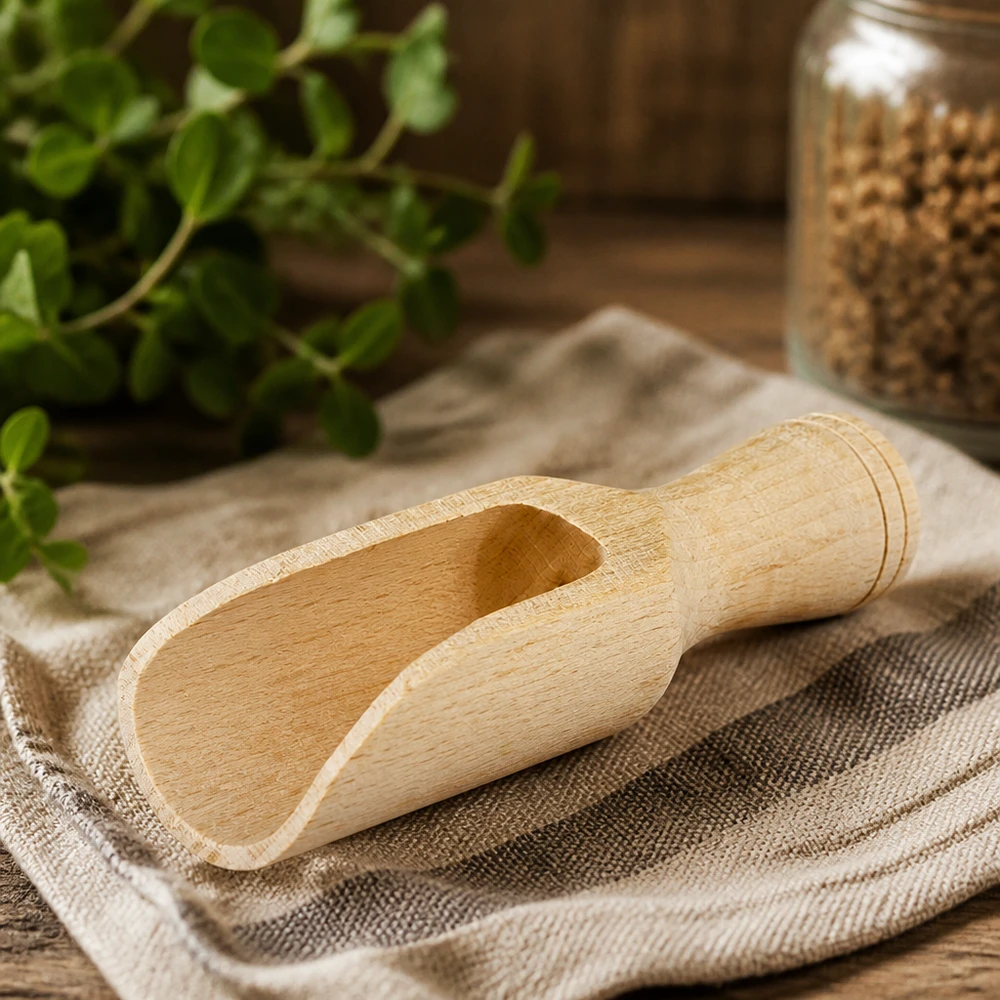 Pelle en bois S en hêtre 7,5cm sur toile de lin avec herbes et verre à épices équipement de cuisine naturel