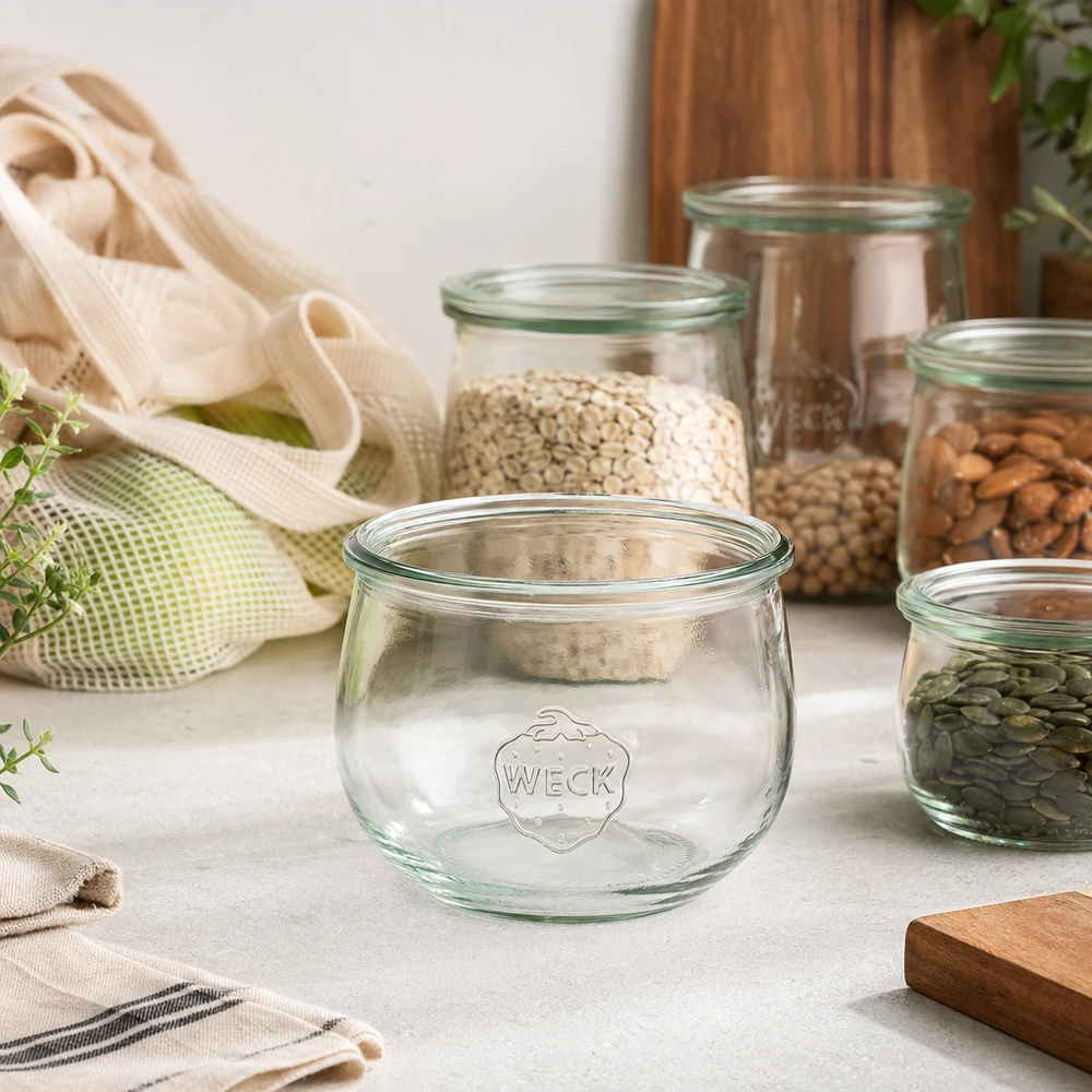 Bocal tulipe WECK RR100 de 580 ml WECK Pot tulipe 580ml RR100 Pot de conservation avec logo sur le comptoir de la cuisine à côté des bocaux à provisions remplis et du sac en jute