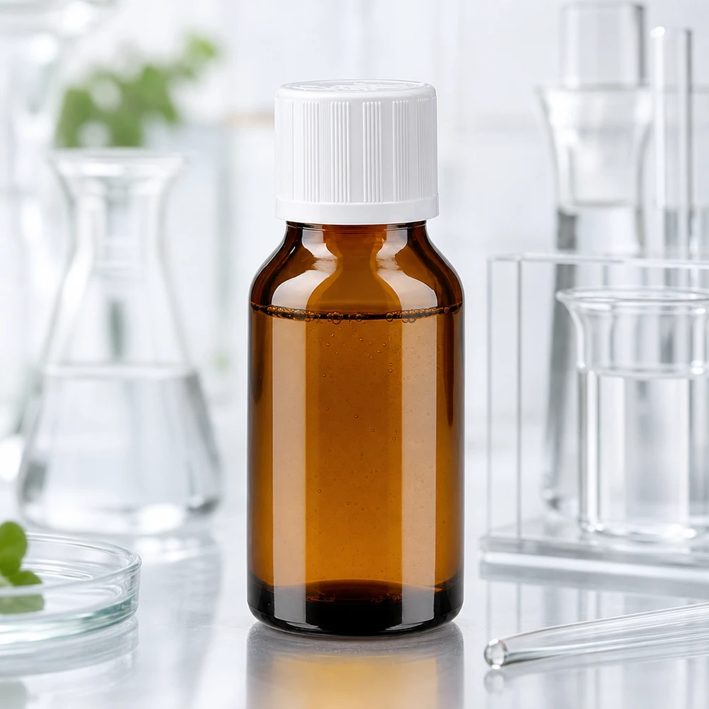 Flacon de pharmacie de 15 ml en verre ambré avec bouchon de sécurité blanc pour enfants, sur fond de laboratoire