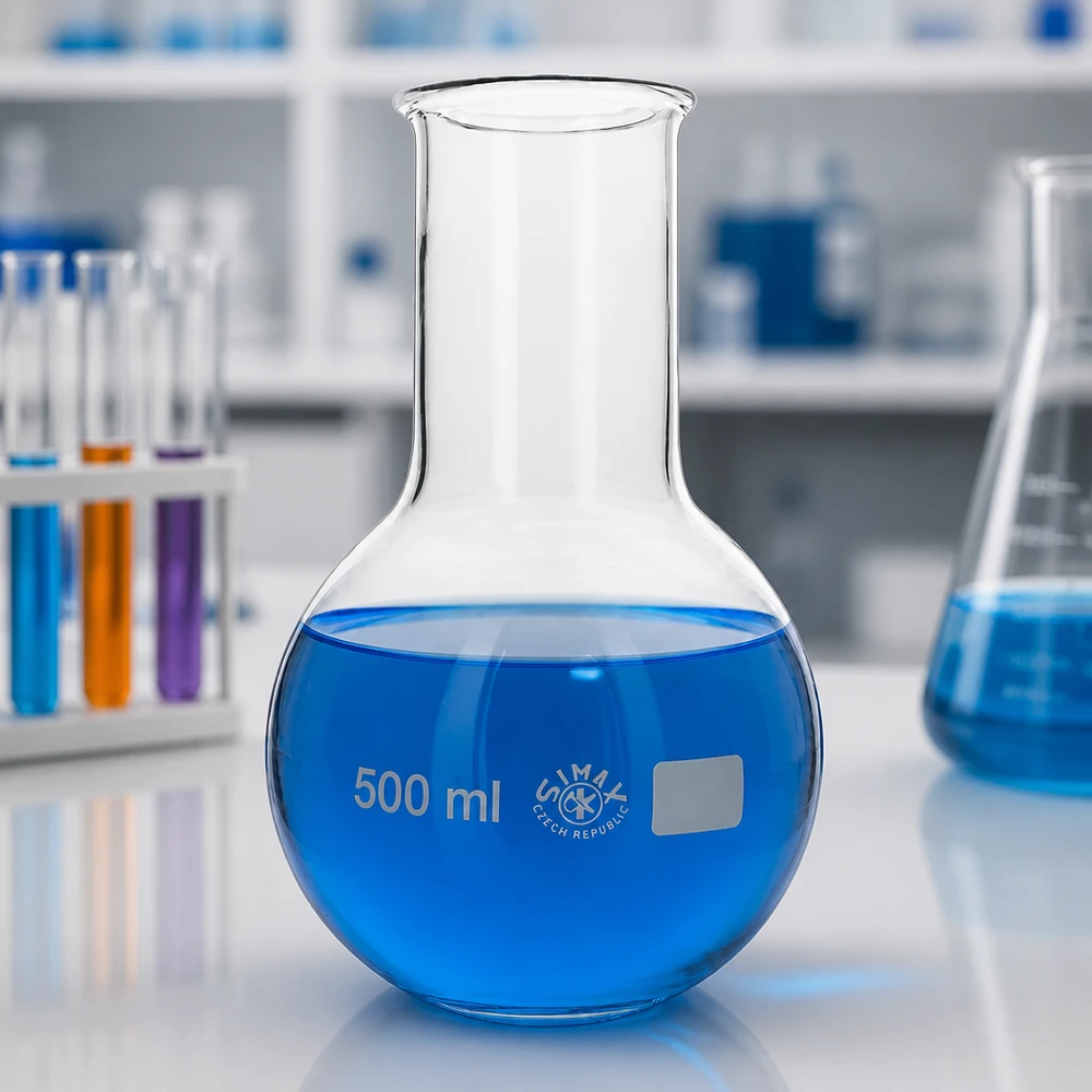 Ballon à fond plat 500 ml à col large, en verre borosilicate avec bord renforcé Ballon rond à col large 500ml avec forme ergonomique pour le travail professionnel en laboratoire