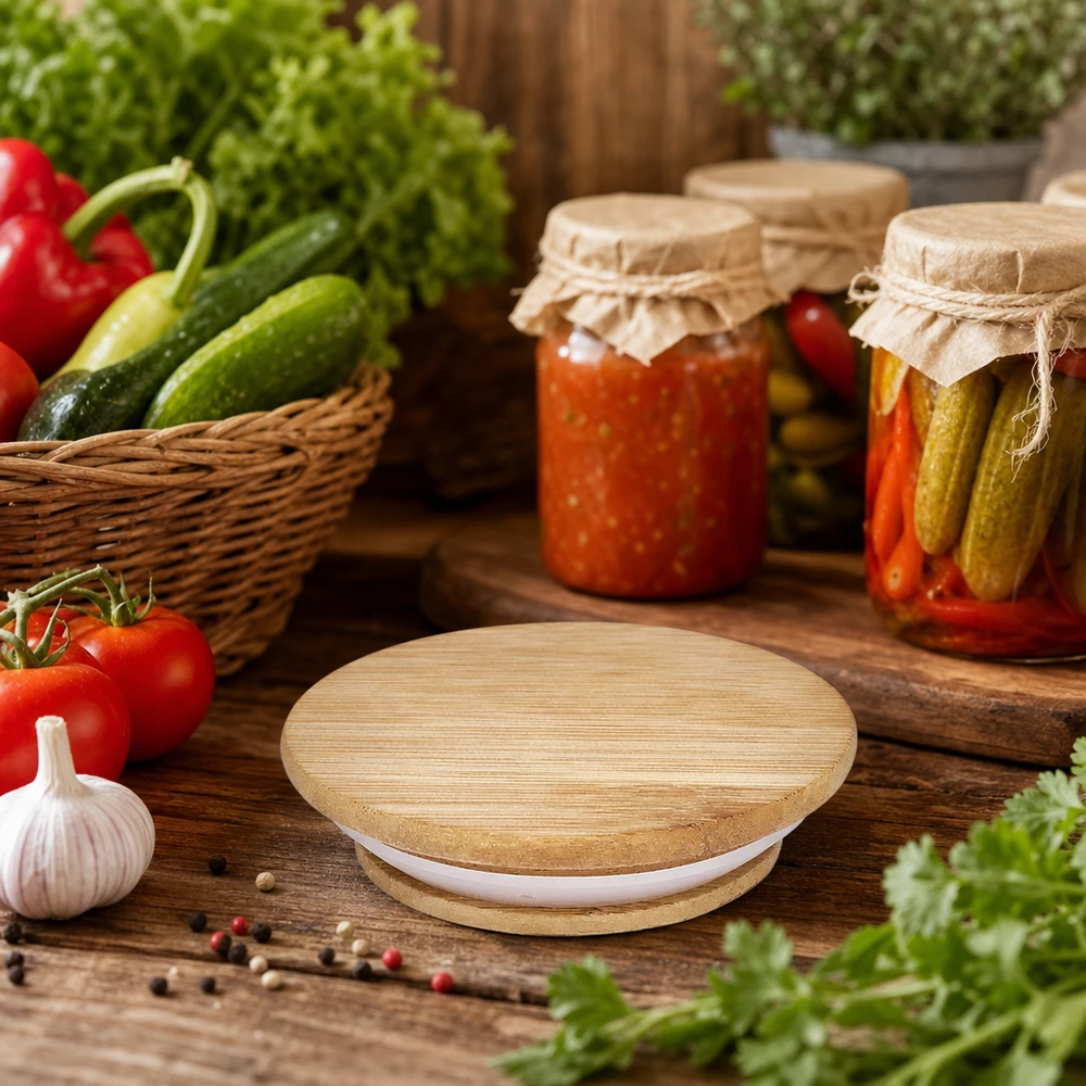 WECK Couvercle en bois RR60 dans un setting de cuisine rustique avec des légumes marinés et des ingrédients frais sur une table en bois
