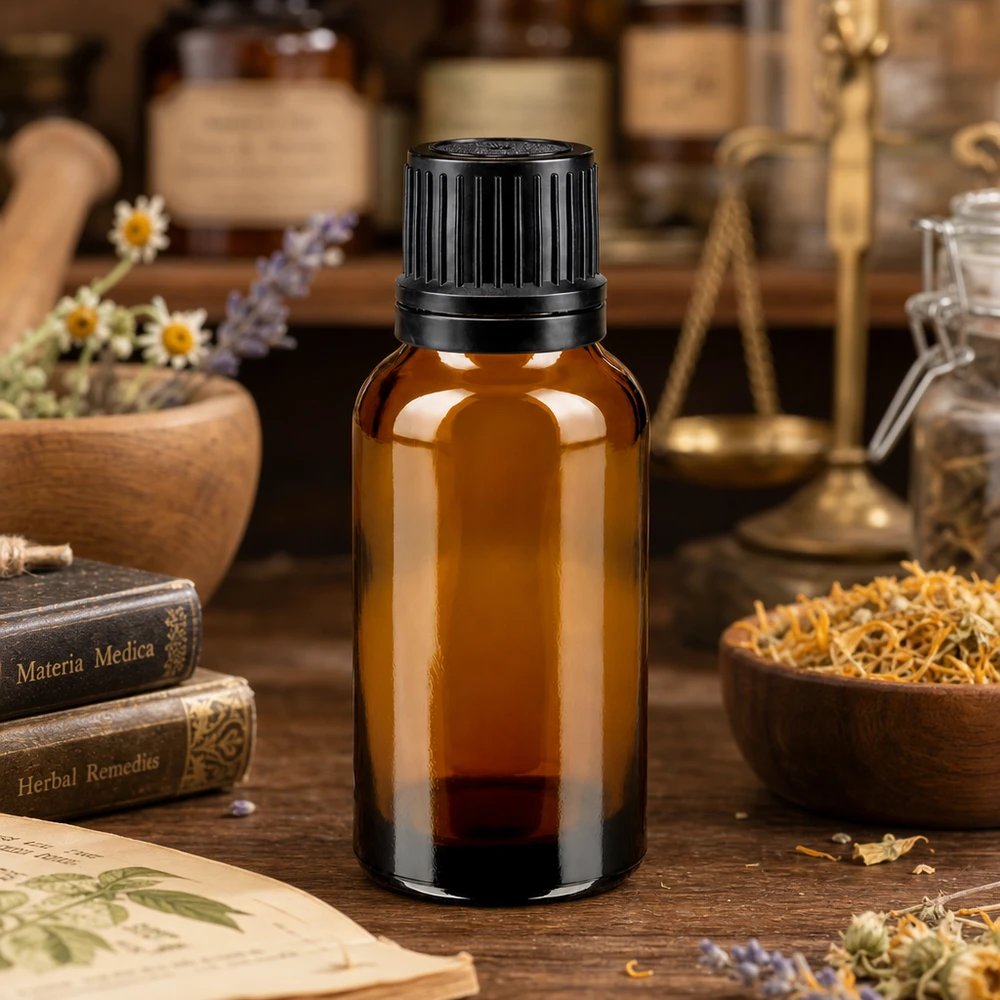 Flacon en verre brun de 20ml avec bouchon vissable noir et bague verseuse Flacon en verre de 20 ml, de couleur ambrée, muni d'un bouchon d'inviolabilité noir, destiné aux extraits de plantes