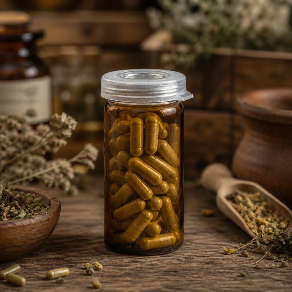 Flacon en verre brun à bord roulé de 5 ml, rempli de gélules aux herbes de couleur jaune doré et muni d'un bouchon à cliquet en plastique sécurisé