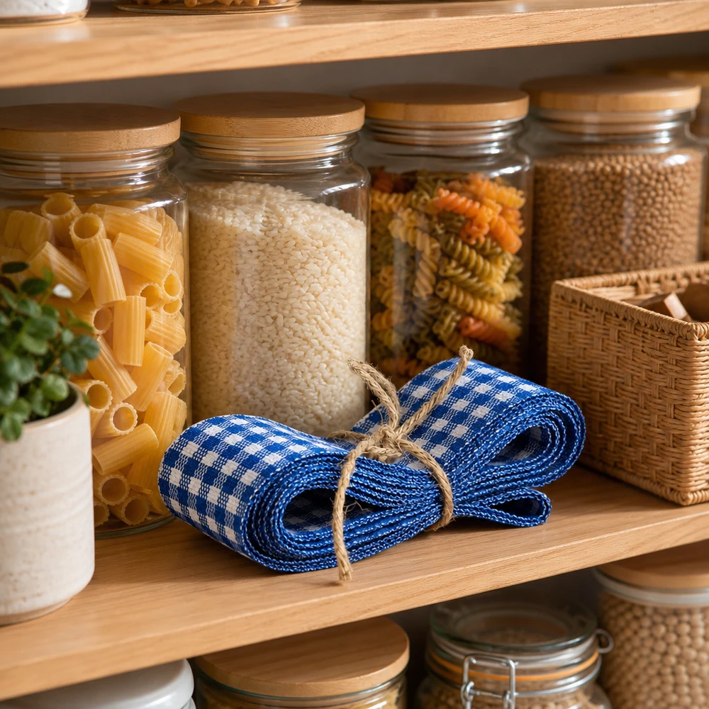 Ruban en tissu bleu et blanc pour la décoration, 300 cm Ruban de tissu bleu et blanc à carreaux 300cm sur une étagère en bois entre des bocaux de stockage avec des pâtes et du riz dans la cuisine