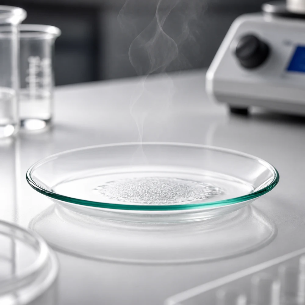 Cuvette en verre 70mm montant à la vapeur lors du chauffage de substances cristallines sur
