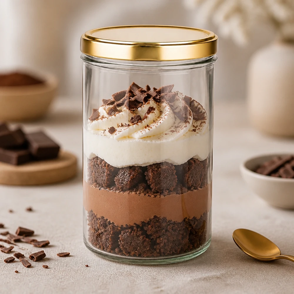 Verre renversé de 277 ml avec couvercle doré UNiTWIST comme verre à dessert pour tiramisu au chocolat avec crème et cacao